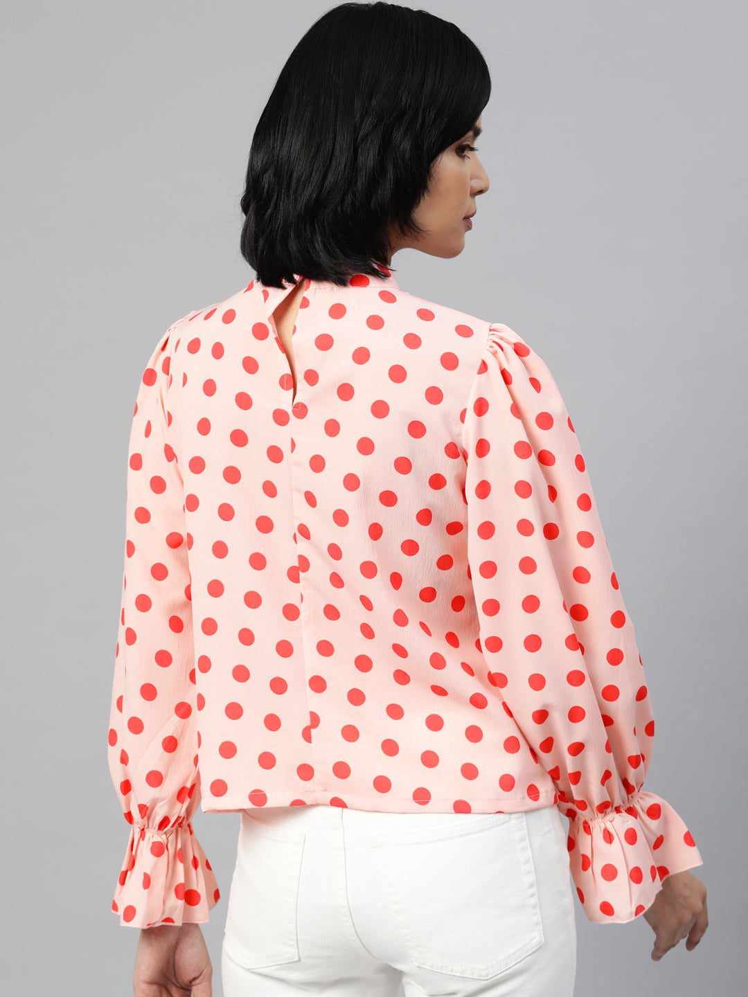 plusS Cream-Coloured  Red Polka Dots Print Bell Sleeves Keyhole Neck Top