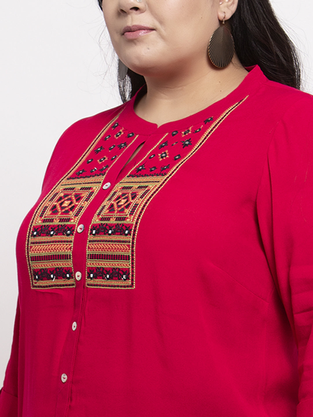 Women Red Embroidered A-Line Kurta