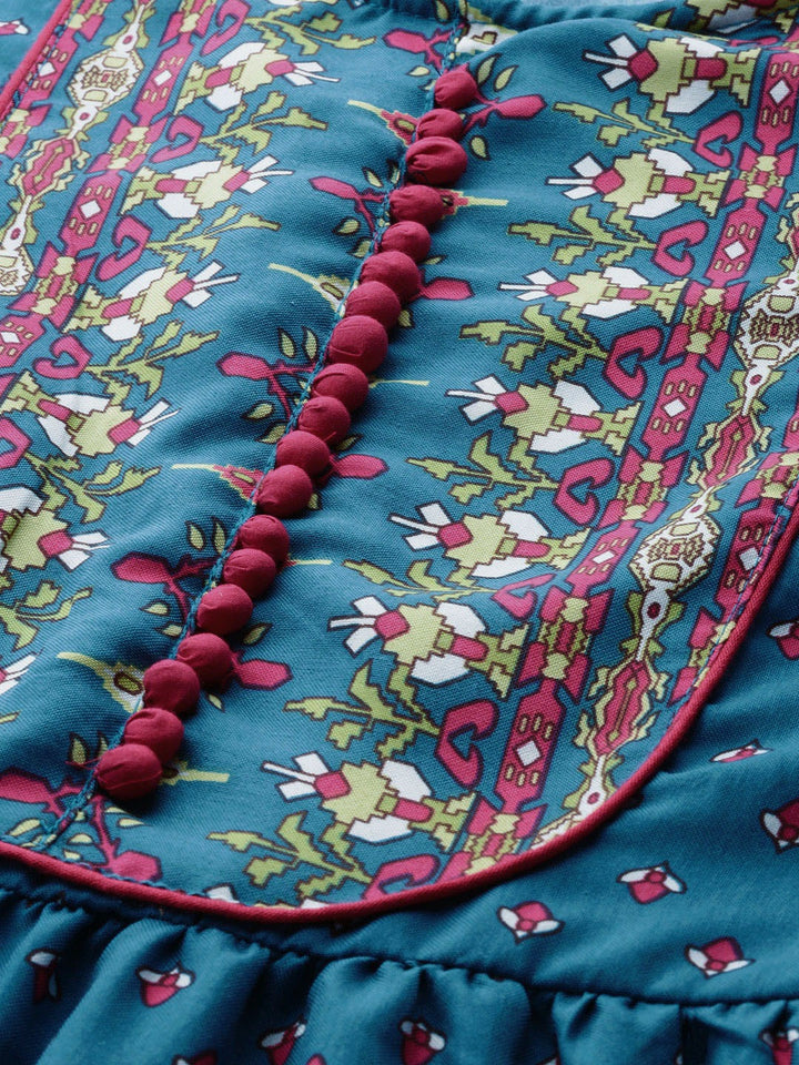 Blue  Pink Ethnic Motifs Ethnic A-Line Midi Dress