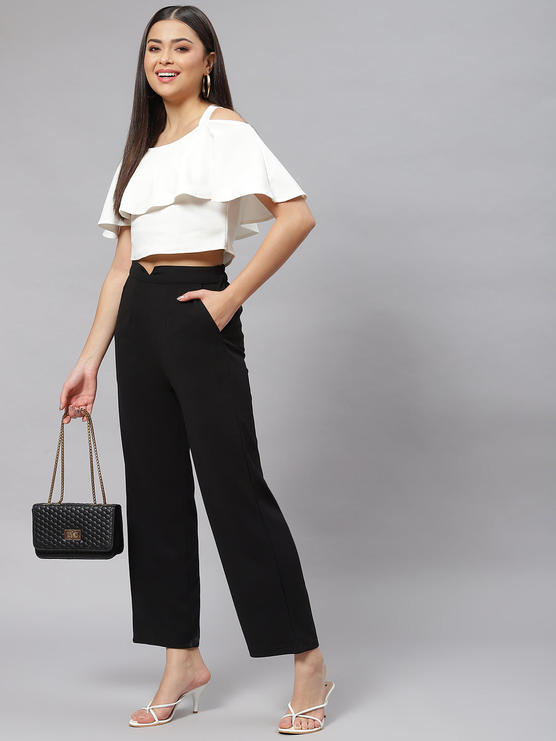 Women Black Solid Mid-Rise Regular Fit Trousers