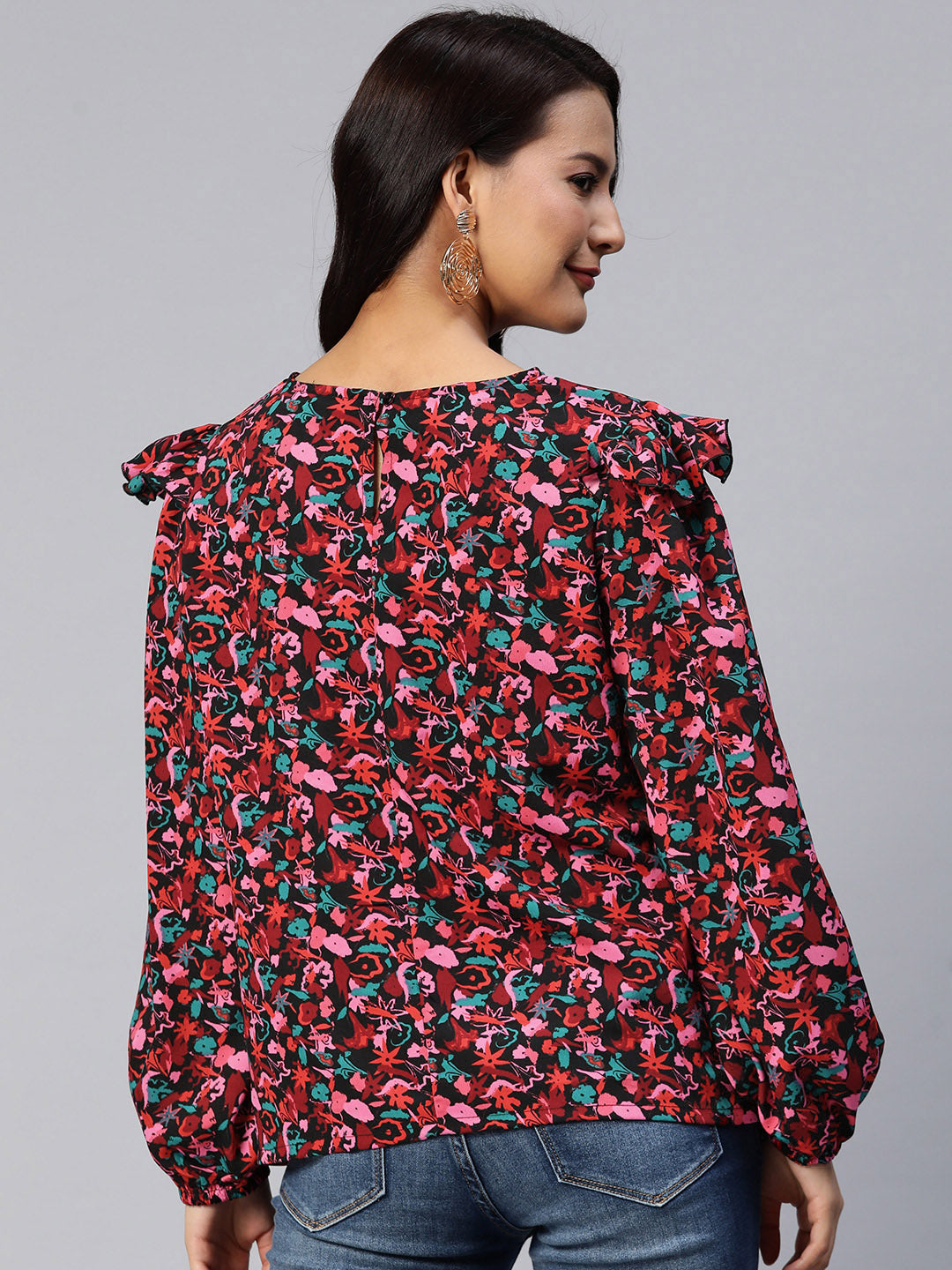 Floral Print Puff Sleeves Ruffled Top