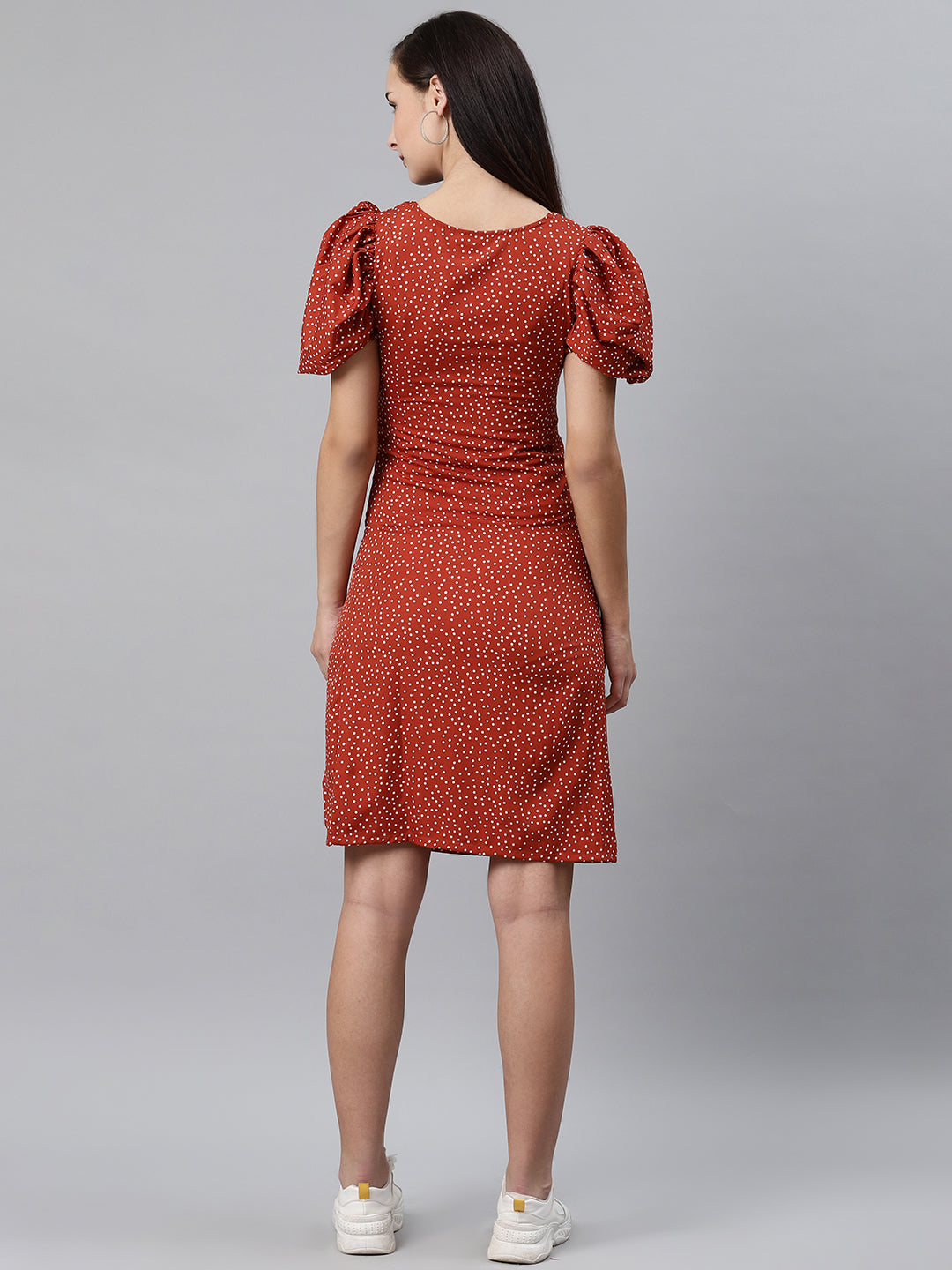 plusS Rust Brown  White Polka Dot Print Sheath Dress with Ruched Detail