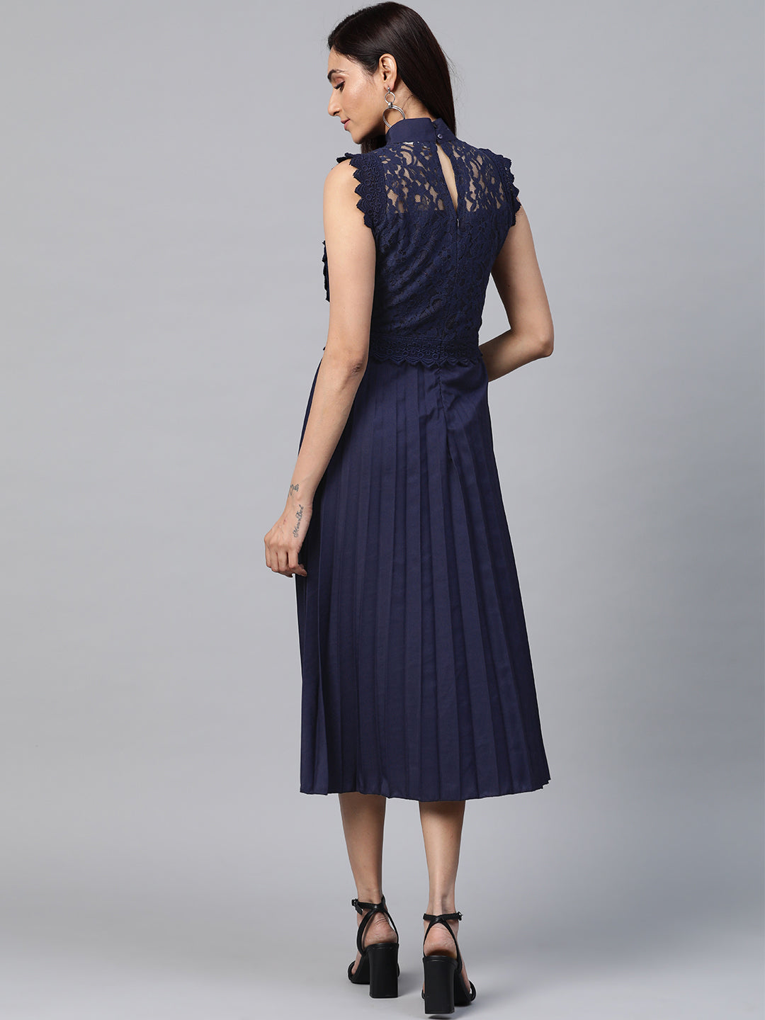 plusS Women Navy Blue Lace Detail Accordion Pleated A-Line Dress