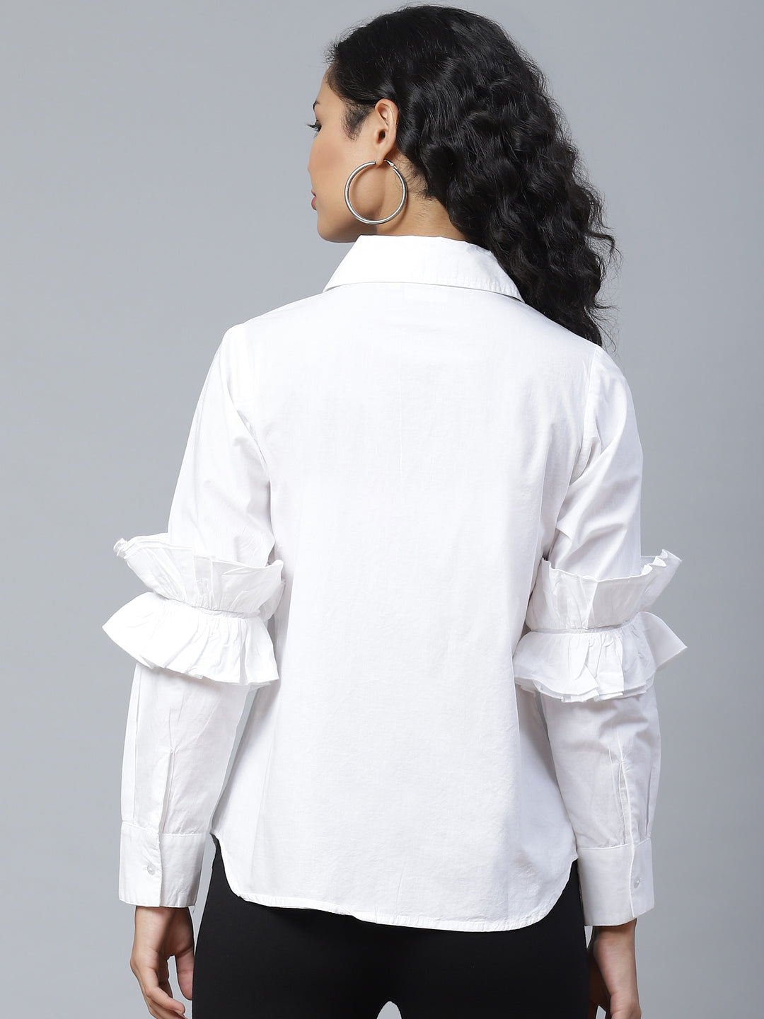 Stylish White Ruffle Detail Solid Shirt