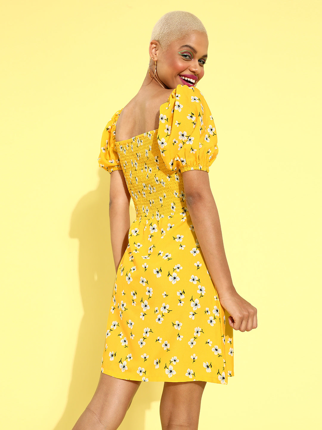 Women Bright Yellow Floral Sweetheart Neck Dress