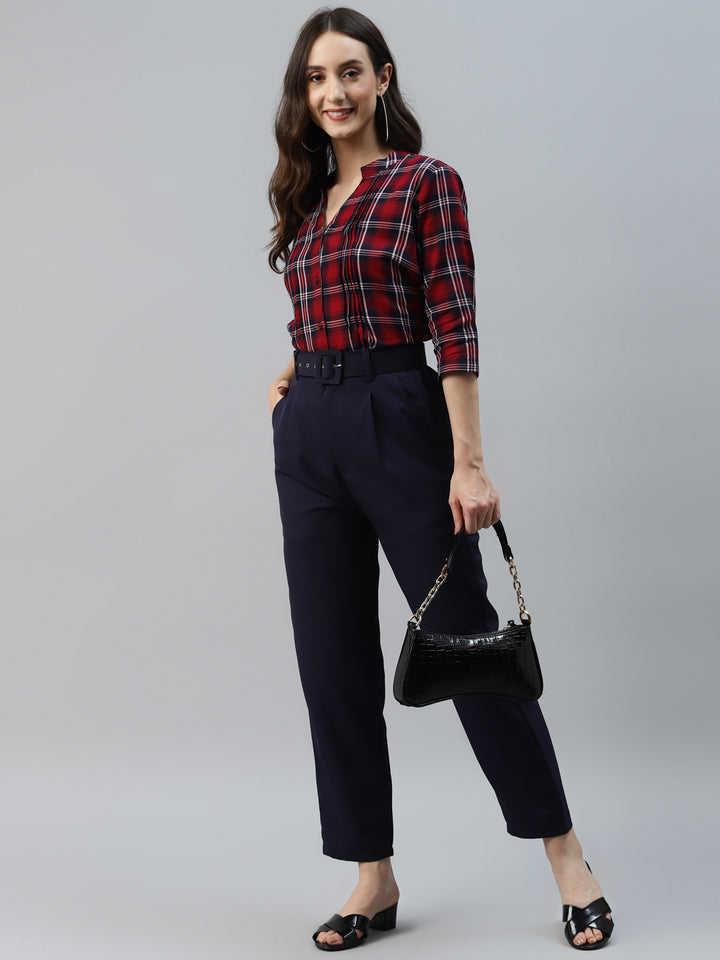 plusS Women Navy Blue Solid Pleated Trousers with Belt