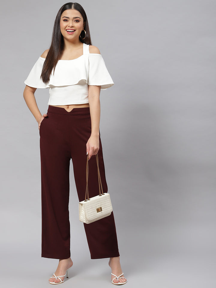 plusS Women Maroon Solid Mid-Rise Regular Fit Trousers