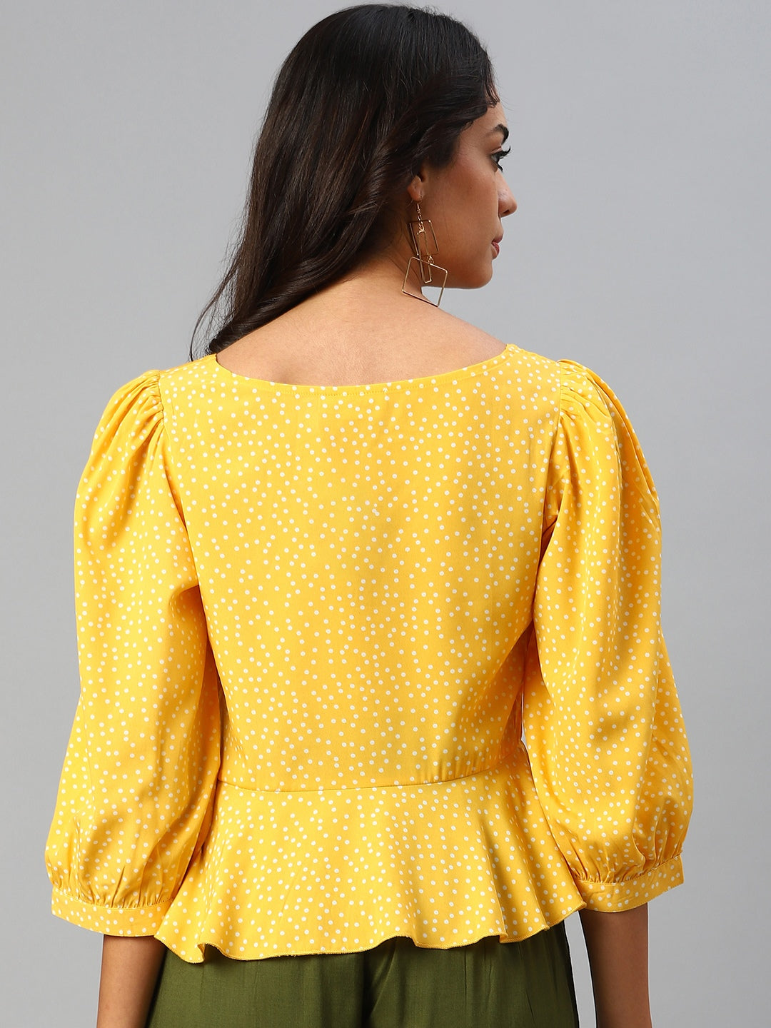 plusS Yellow  White Polka Dots Print Sweetheart Neck Peplum Top