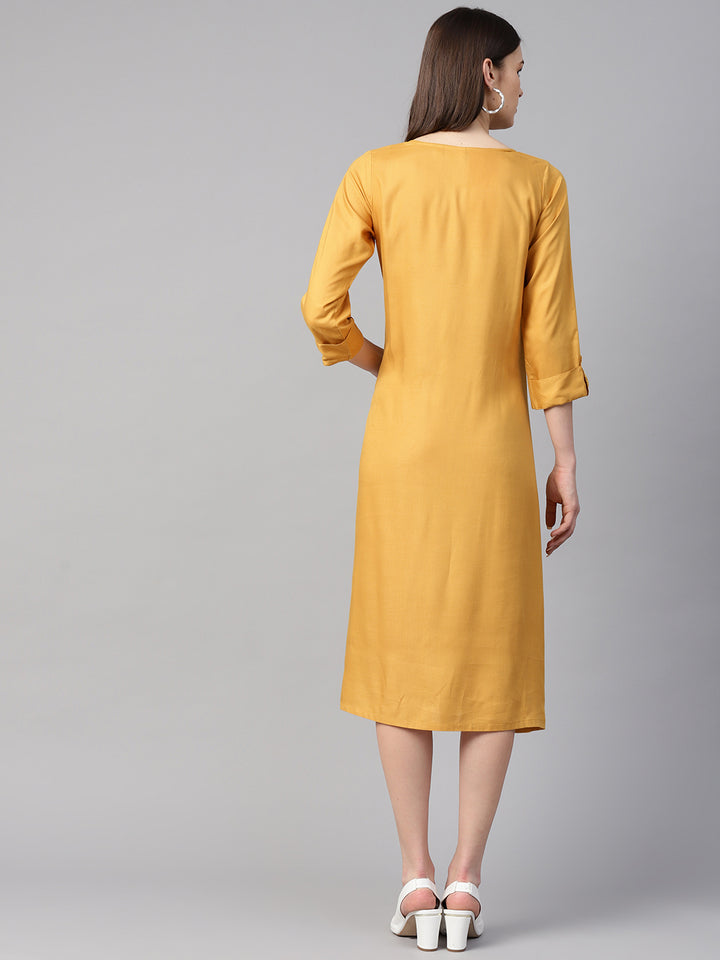 Women Mustard Yellow Solid A-Line Dress with Embroidered Detail