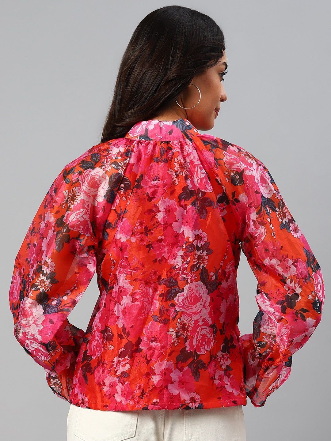 plusS Pink Floral Print Mandarin Collar Bell Sleeves Top