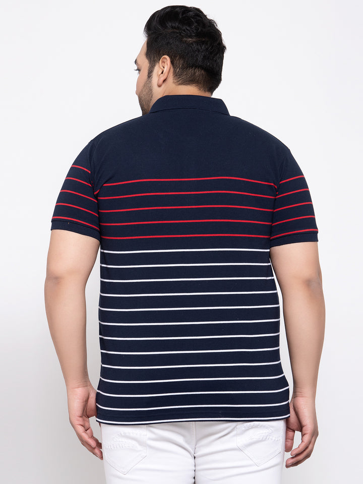 Men Plus size Navy Blue & White Striped Polo Collar T-shirt