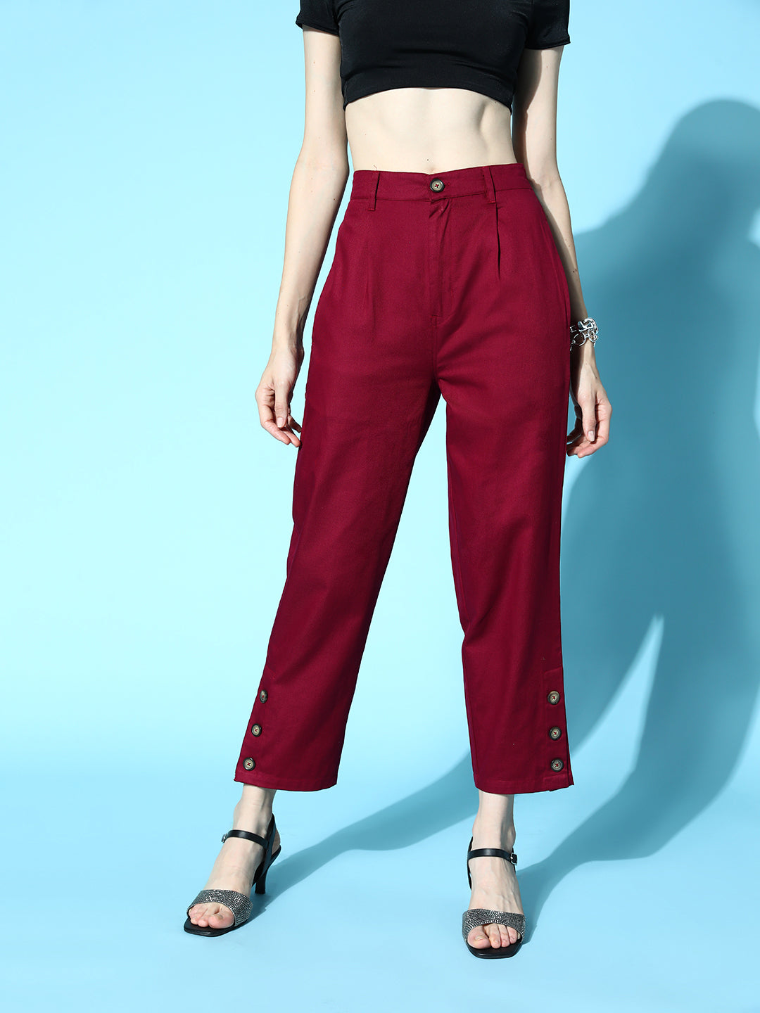 plusS Women Deep Red Solid Y2K Cargo Trousers