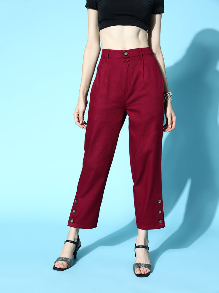 plusS Women Deep Red Solid Y2K Cargo Trousers