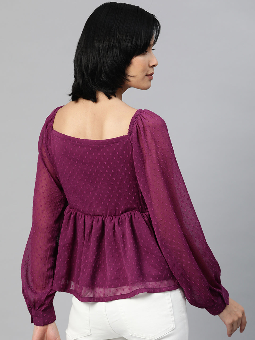 plusS Purple Sweetheart Neck Ruffles Cinched Waist Top