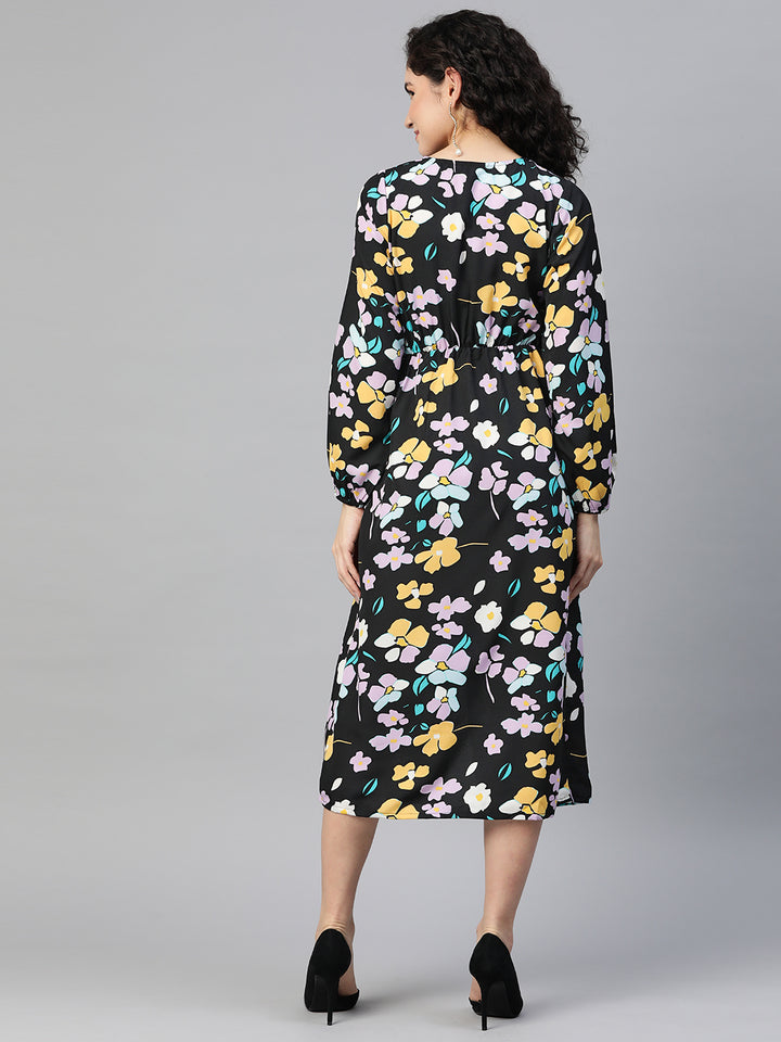 Floral Print Puff Sleeve A-Line Midi Dress