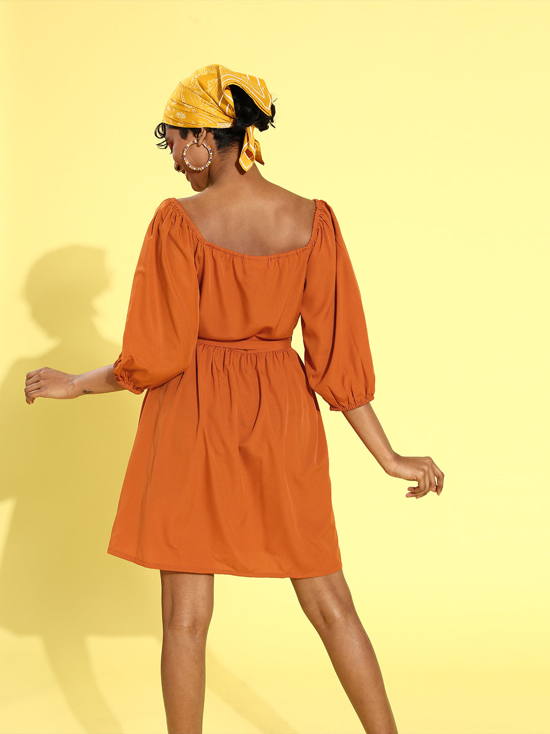 Women Attractive Orange Solid Sweetheart Neck Dress