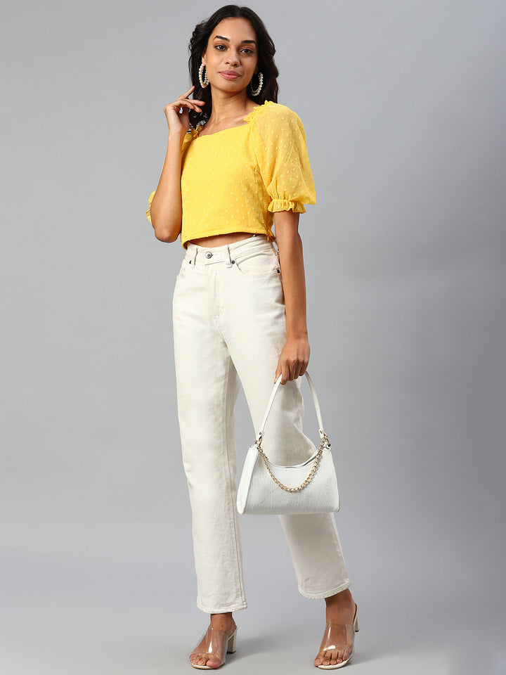 plusS Yellow Self Design Puff Sleeves Crop Top