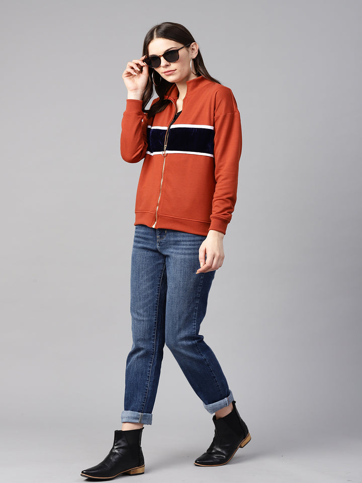 plusS Women Rust Brown  Navy Blue Colourblocked Sweatshirt