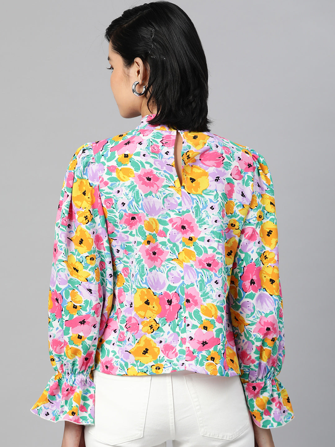 plusS Multicoloured Floral Print Bell Sleeves Keyhole Neck Top