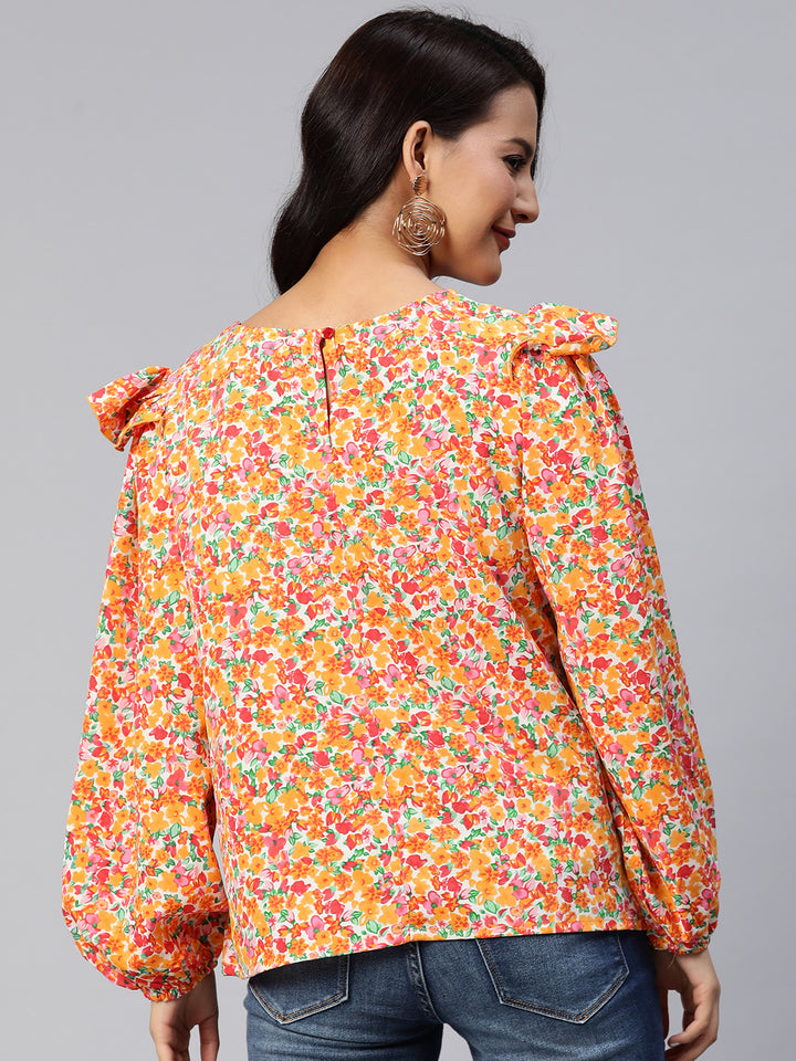 Floral Print Puff Sleeves Ruffled Top