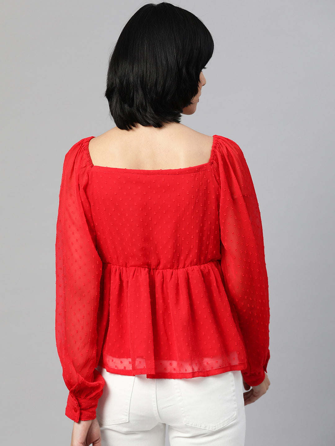 plusS Red Sweetheart Neck Ruffles Cinched Waist Top