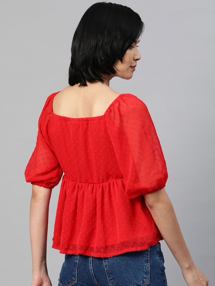 plusS Red Self Design Sweetheart Neck Puff Sleeves Cinched Waist Top