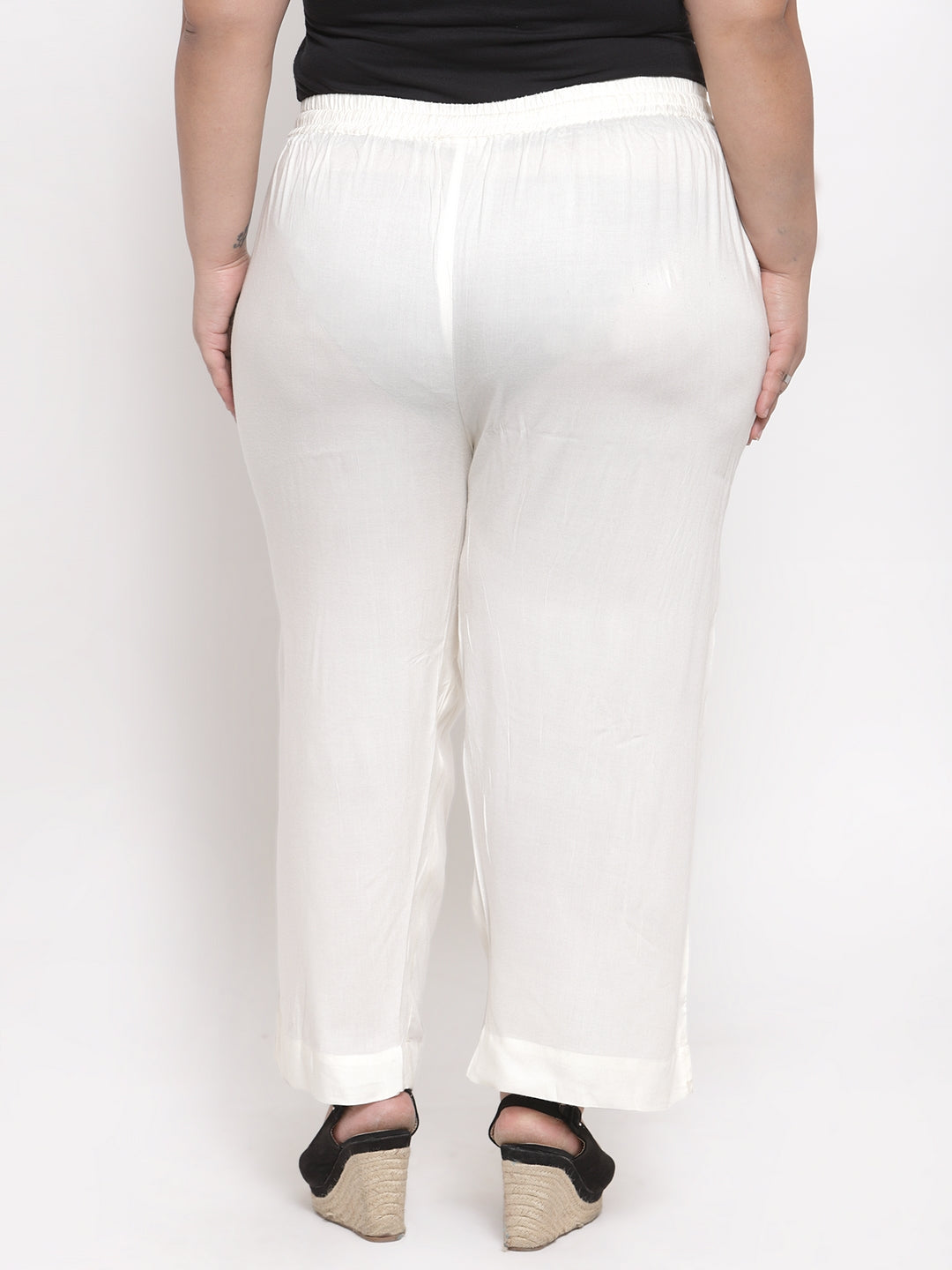 Plus Size Women White Solid Straight Palazzos