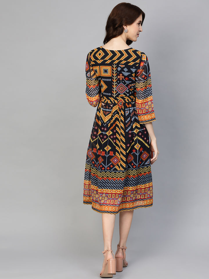 Navy Blue  Yellow Geometric Printed Midi A-Line Dress