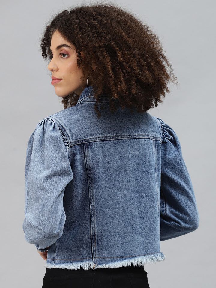 plusS Women Blue Crop Denim Jacket