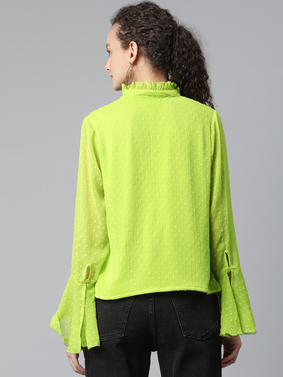 plusS Women Fluorescent Green Self Design Dobby Weave Top