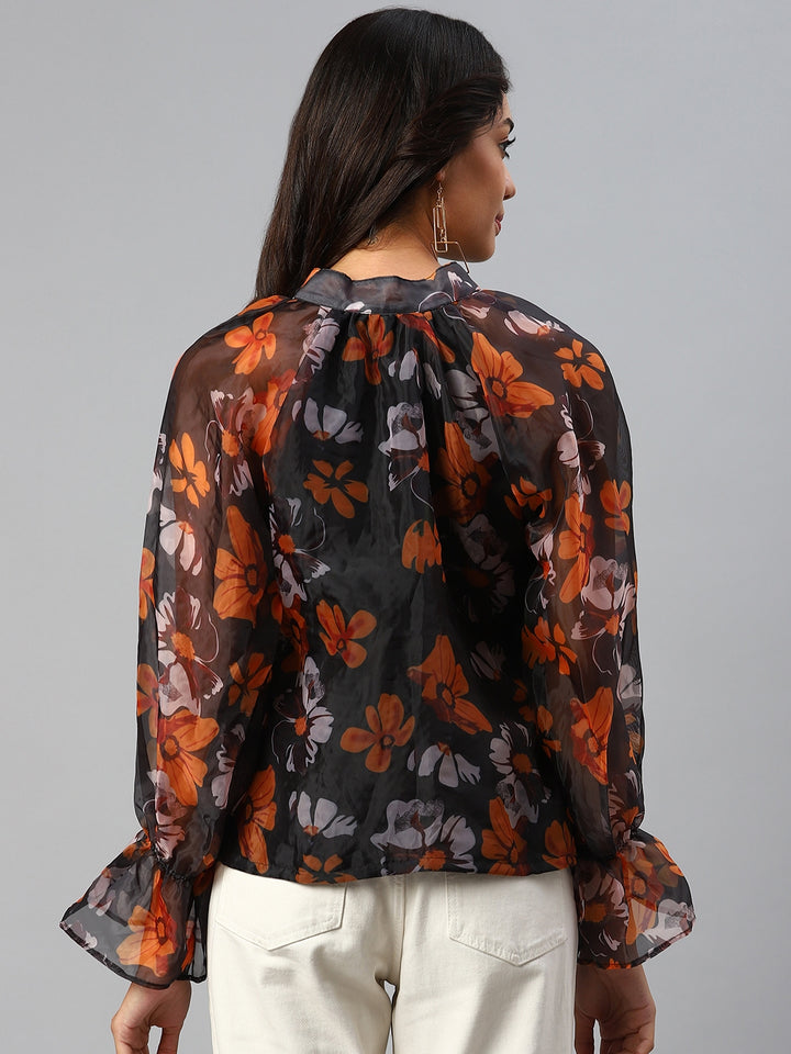 plusS Black  Orange Floral Print Mandarin Collar Top