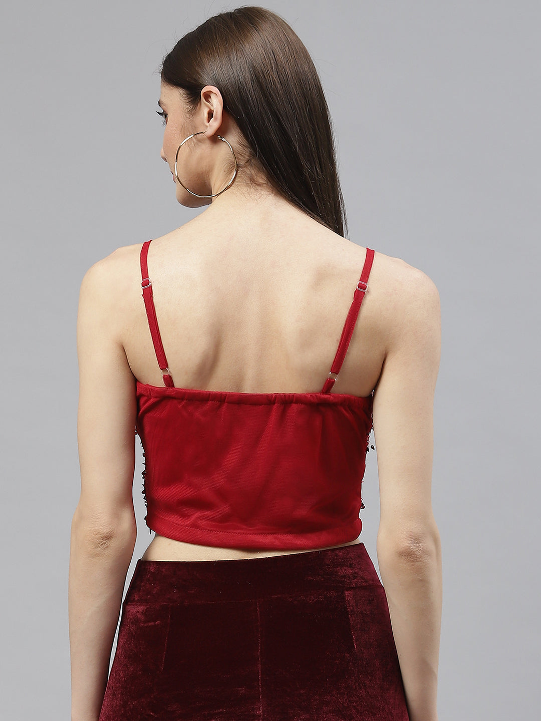 Women Red Poly Georgette Sequined Crop Top