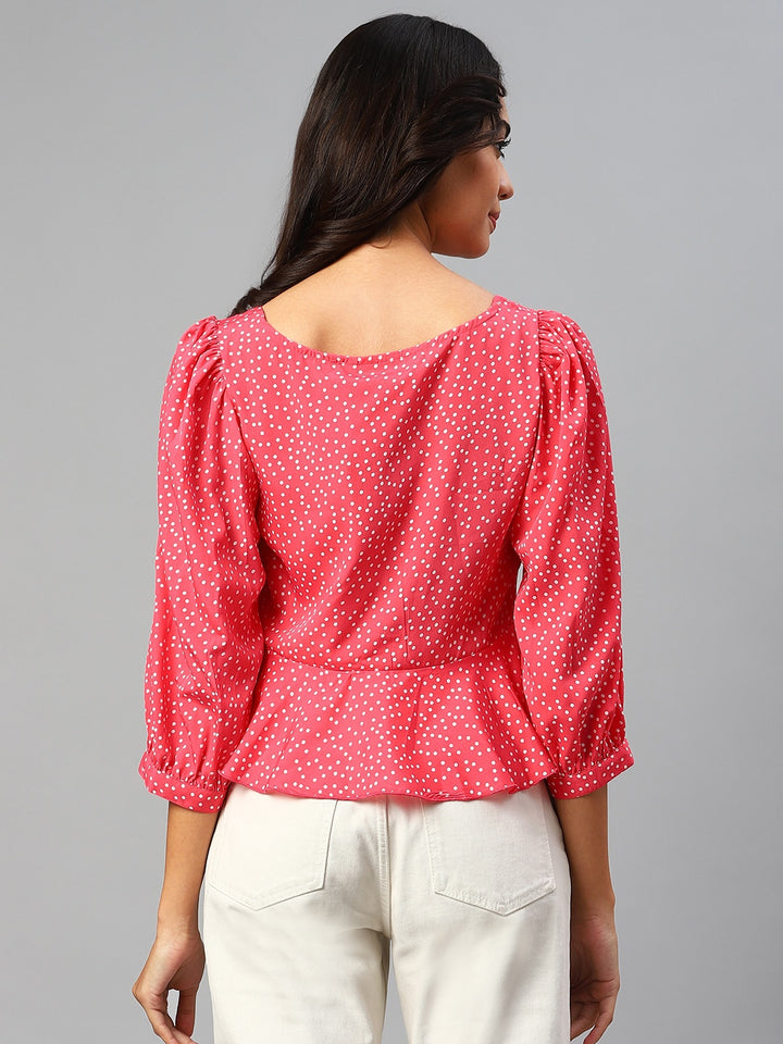 plusS Pink  White Polka Dots Print Sweetheart Neck Peplum Top