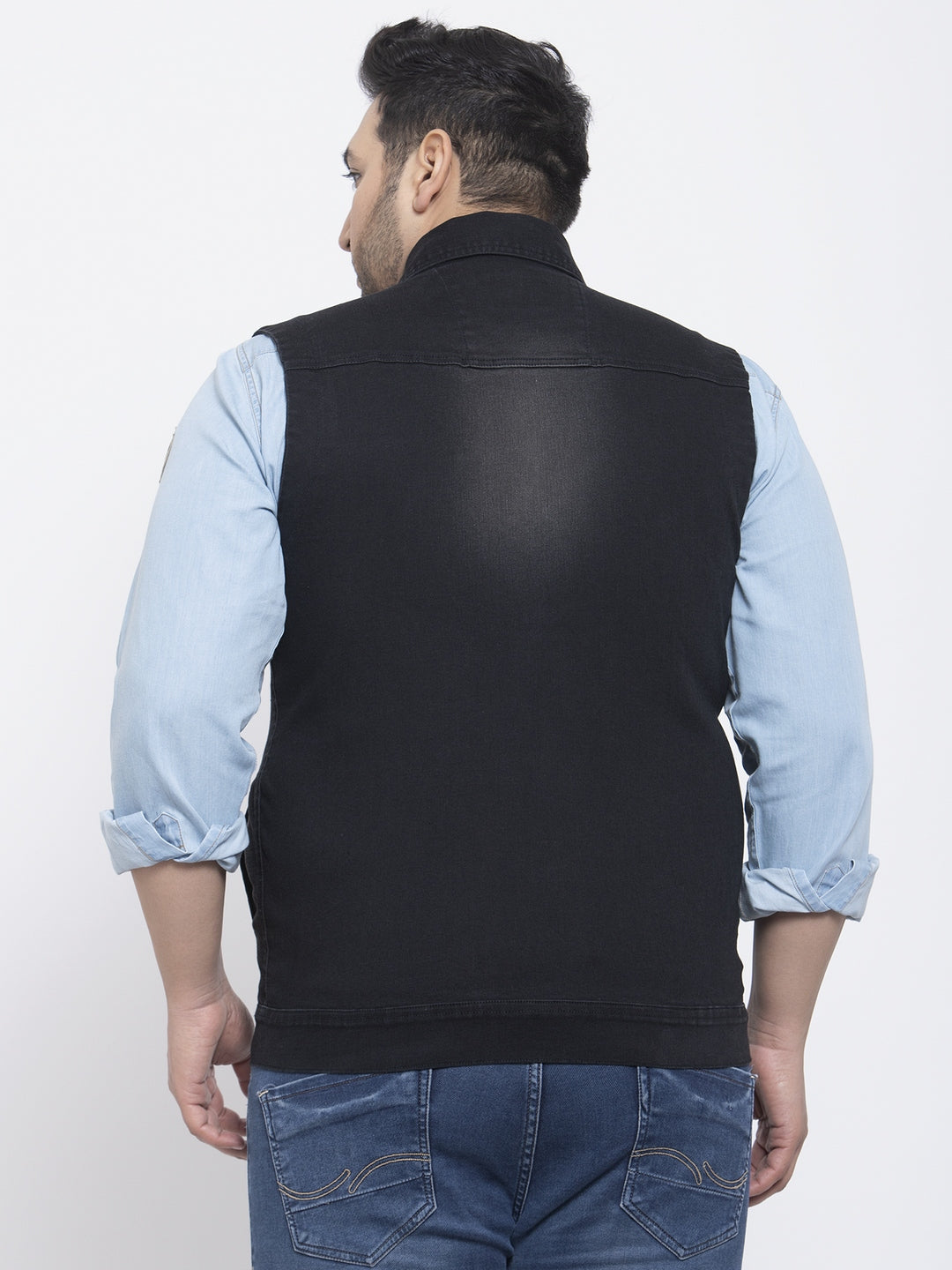 Men Plus Size Black Solid Sleeveless Denim Jacket