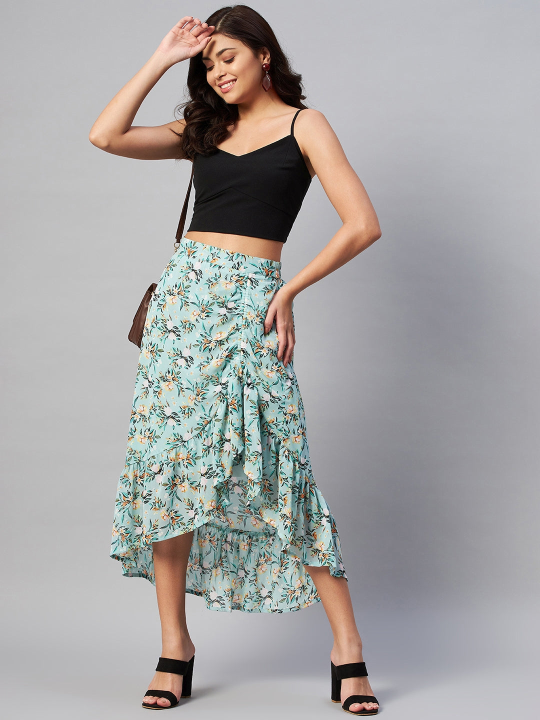 plusS Sea Green Floral Printed Midi A-Line Skirt