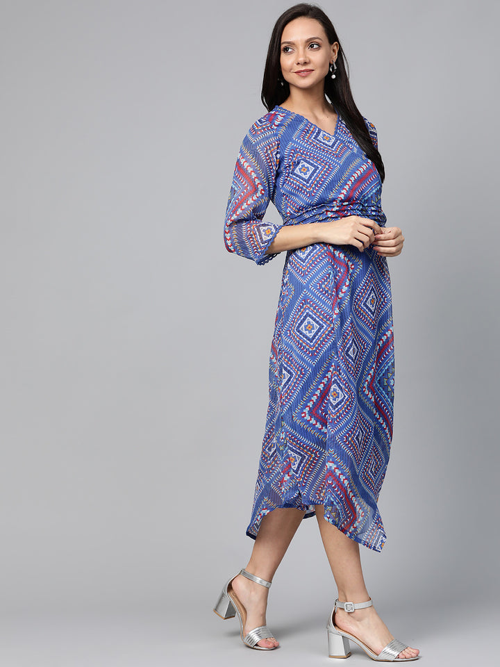 plusS Women Blue  Red Printed Wrap Dress