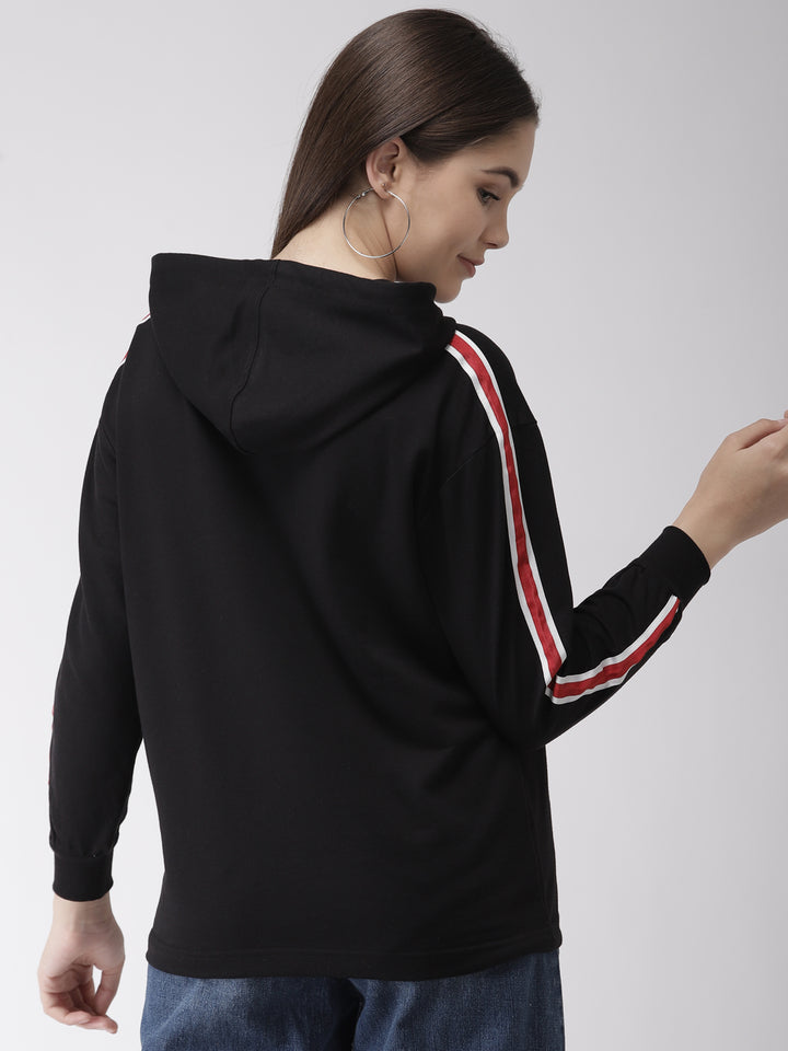 Women Black Solid Hooded Sweatshirt