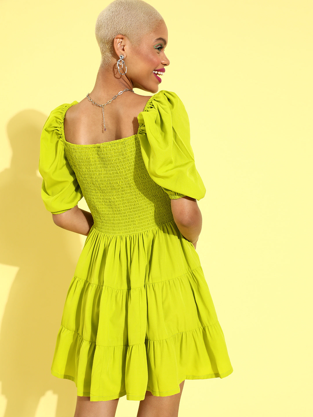 Women Gorgeous Lime Green Solid Sweetheart Neck Dress