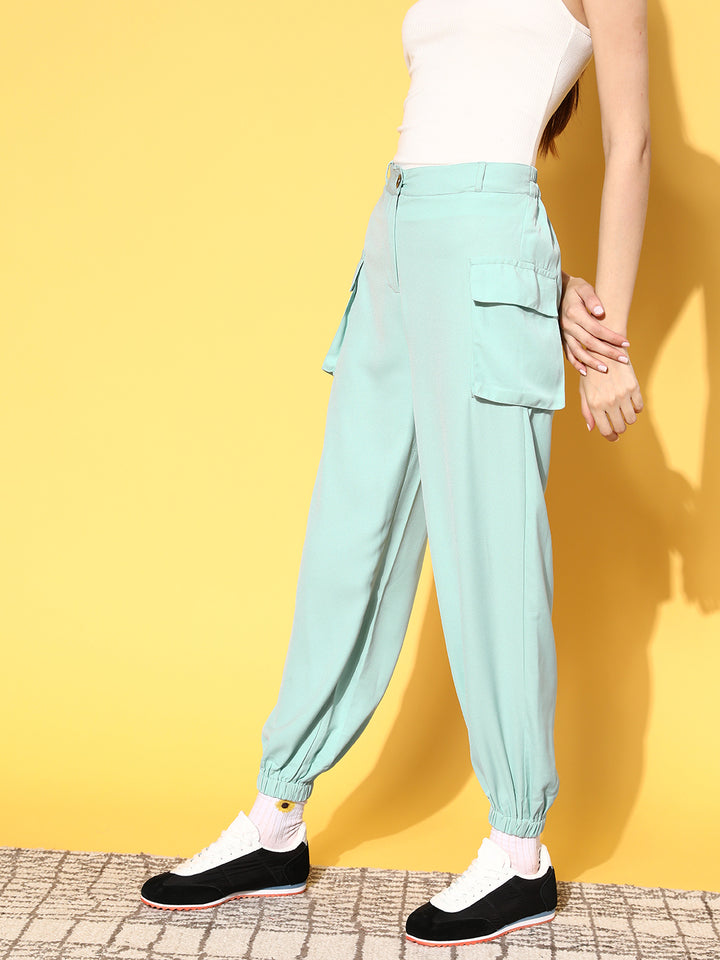 Women Enchanting Sea Green Solid Utility Track Pants