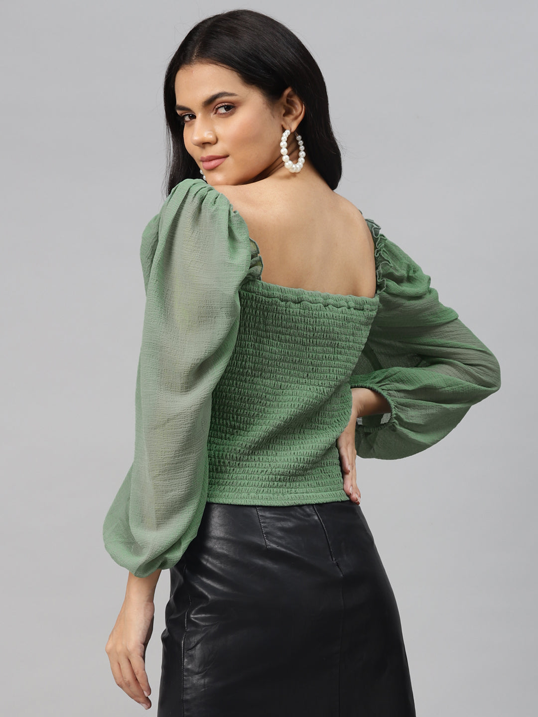 plusS Alluring Green Solid Smocked Top