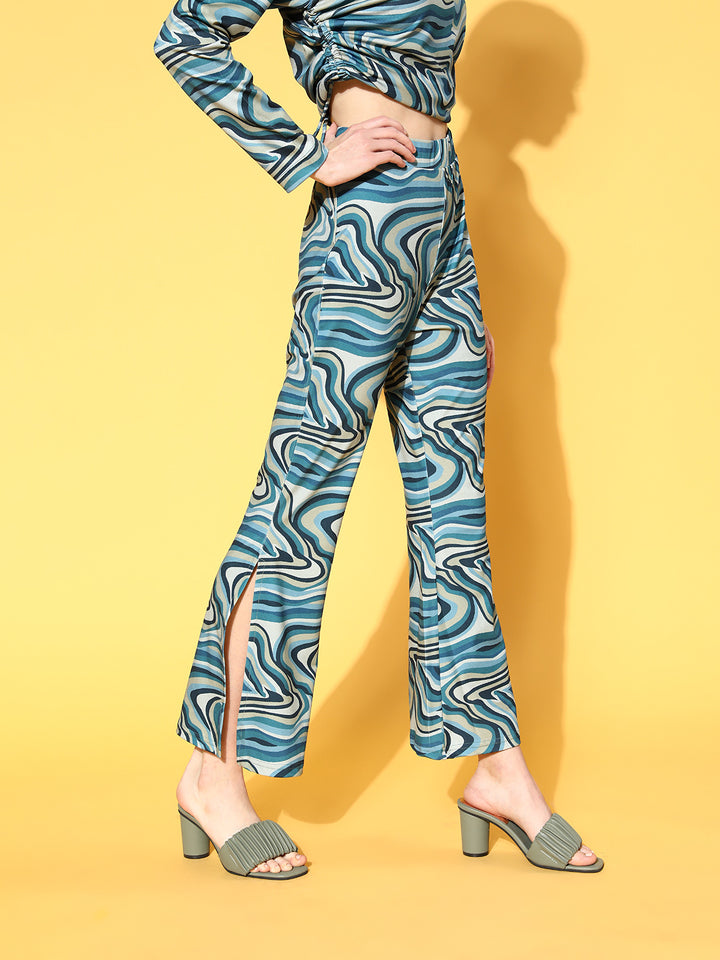 Women Green Abstract Print Side-Slit Trousers