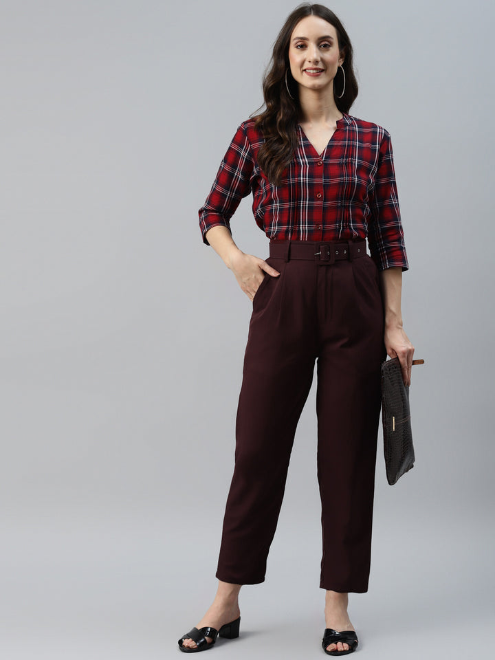 plusS Women Maroon Solid Pleated Trousers with Belt