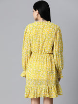 plusS Women Yellow  White Floral Printed Bell Sleeves Dress with Ruffle Detail