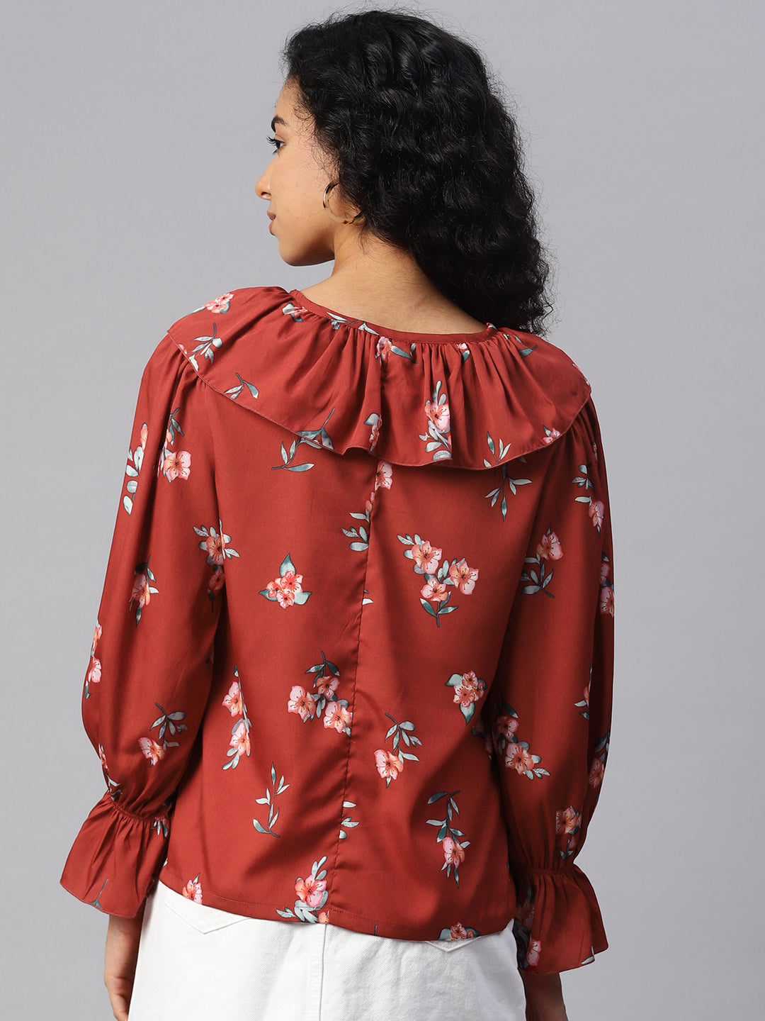 Floral Print Bell Sleeves Ruffles Top