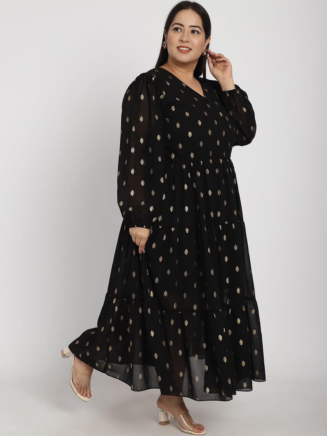 Plus Size Geometric Printed V-Neck Puff Sleeve Fit & Flare Pleated Maxi Dress