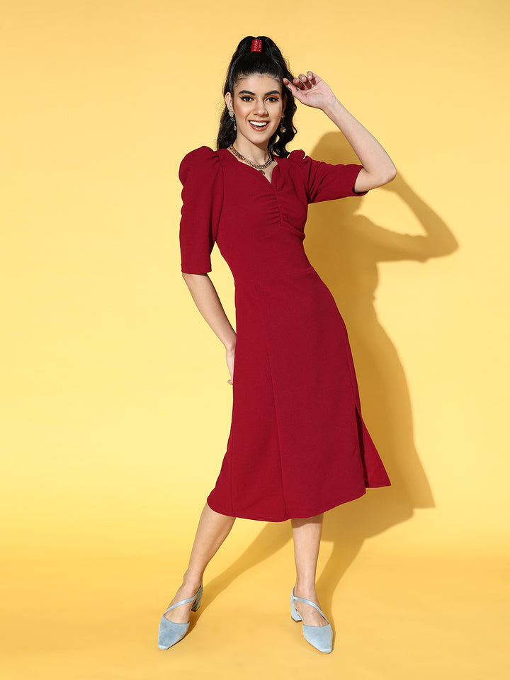 Women Charming Maroon Solid Volume Play Dress