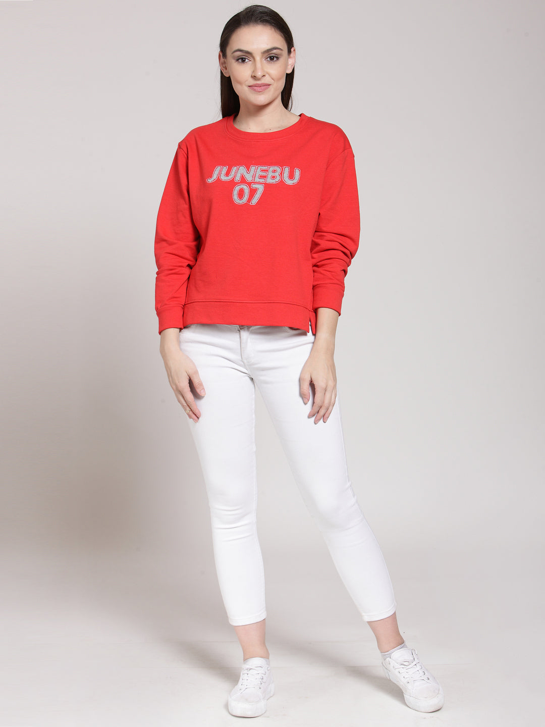 plusS Women Red Solid Applique Pullover Sweatshirt