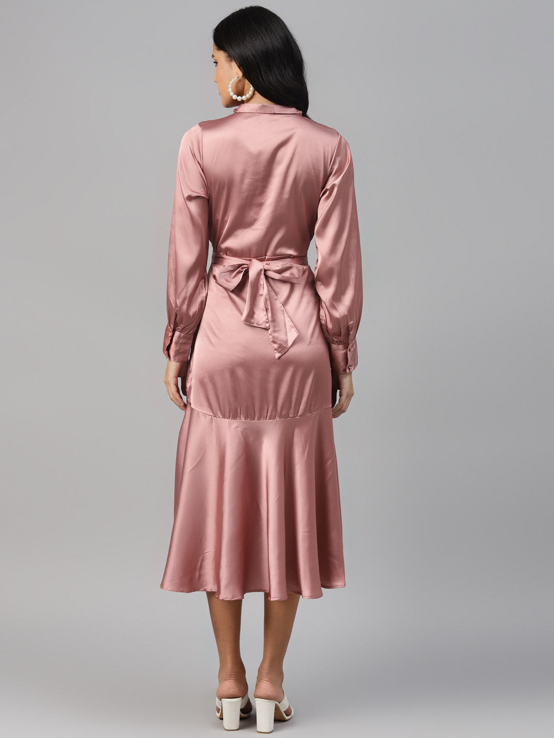 plusS Dusty Pink Tie-Up Neck A-Line Midi Dress