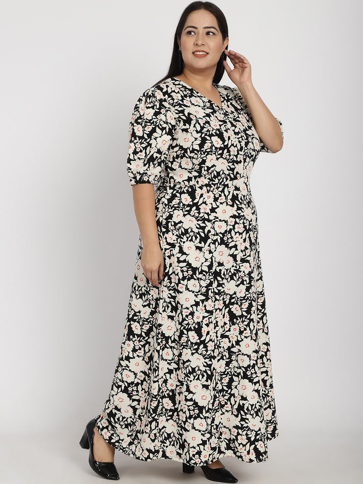 Plus Size Floral Printed V-Neck Cuffed Sleeve Fit & Flare Pleated Cotton Maxi Dress