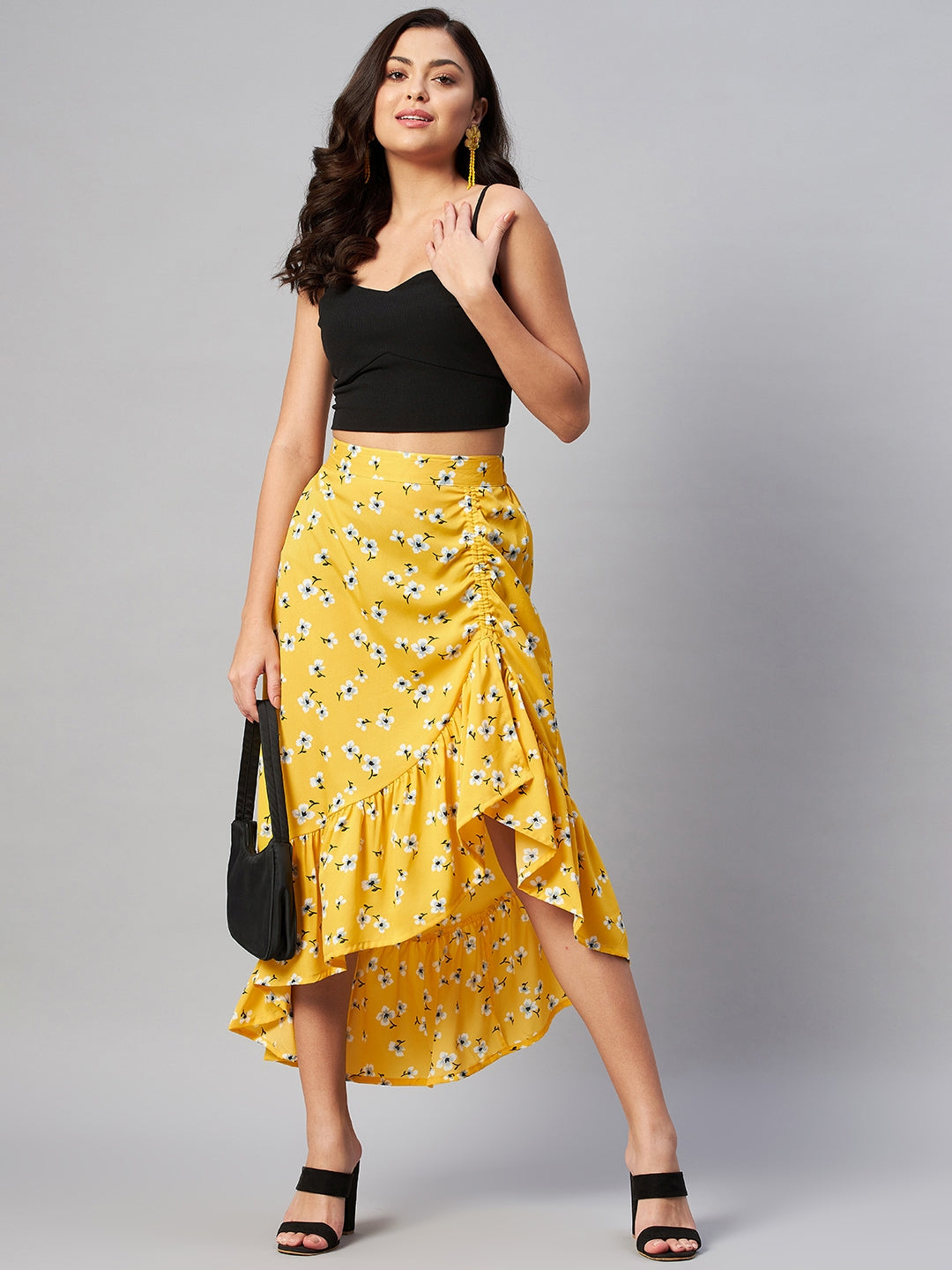 plusS Yellow  White Floral Printed Midi A-Line Skirt